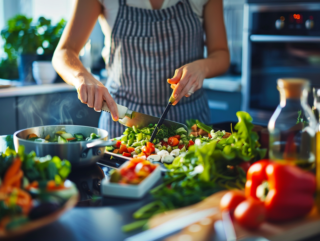 Різноманітні здорові страви на дерев'яному столі